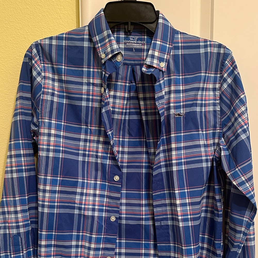 Vineyard Vines Kids Performance Blue and Red Plaid Button Down Shirt